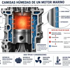Corte de un motor marino que muestra las camisas húmedas en contacto directo con el refrigerante para una refrigeración eficiente.