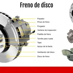Ilustración detallada de las partes del freno de disco: disco, pinza, pastillas y purgador.