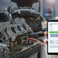 Mano sostiene móvil mostrando código de error P0015 para Citroën, con motor de coche en taller.