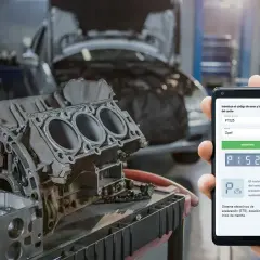 Mano sostiene móvil con código P1525 y motor Renault 1.5 dci en taller.