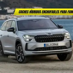Un coche familiar plateado, un hibrido no enchufable, avanza por un camino de tierra junto al mar.