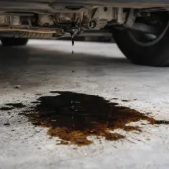 Got it. Here's the alt text in Spanish:

Aceite goteando del coche. Mi coche pierde aceite por debajo, dejando un charco oscuro en el suelo de cemento.