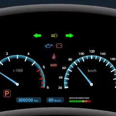Panel de control de coche con velocímetro, tacómetro y un símbolo líquido de frenos.