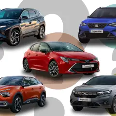 Cinco coches: SUV azul, compacto rojo híbrido, SUV naranja, SUV gris y otro SUV oscuro. ¿Cuál es el mejor hibrido diesel o gasolina?