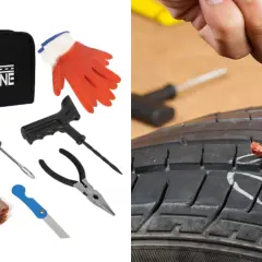 Kit de reparación de neumáticos para asistencia en carretera ante un pinchazo. Incluye herramientas y parches.