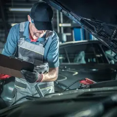 Mecánico con gorra y mono realiza la revisión del coche, anotando detalles en una carpeta. Cables de arranque conectados al motor.