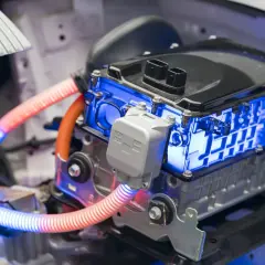 Componentes de un coche híbrido, con luces azules y naranjas. Responde a la pregunta de cuanto duran las baterias de un coche hibrido.
