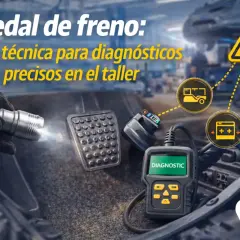 Mano con linterna ilumina pedal de freno coche. Scanner de diagnóstico conectado, con iconos de ABS y alerta. Guía técnica para taller.