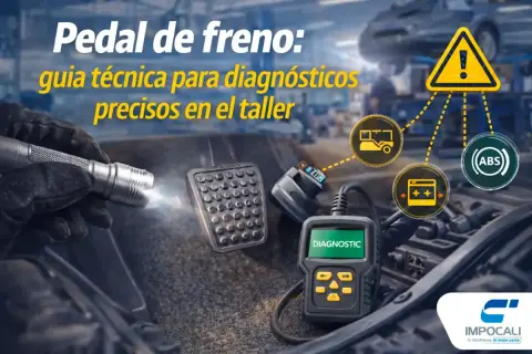Mano con linterna ilumina pedal de freno coche. Scanner de diagnóstico conectado, con iconos de ABS y alerta. Guía técnica para taller.