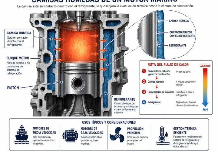Corte de un motor marino que muestra las camisas húmedas en contacto directo con el refrigerante para una refrigeración eficiente.