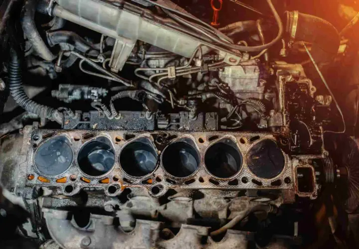 Motor de coche desarmado, mostrando los cilindros. Una inspección visual puede ayudar a saber si la culata está dañada.