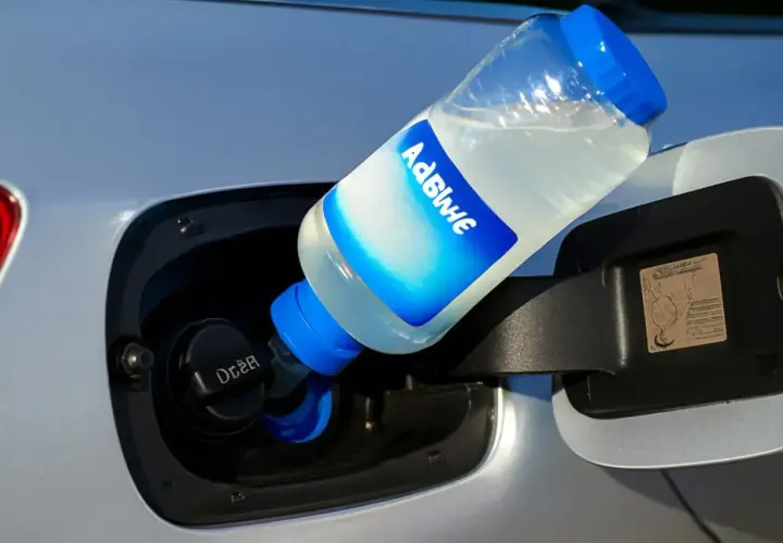 Botella de AdBlue vertiéndose en el depósito de un coche. ¿Qué pasa si me quedo sin AdBlue? El coche podría dejar de funcionar.
