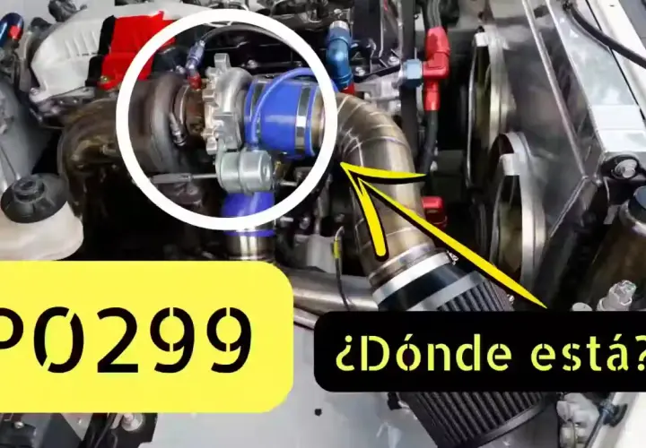 Motor con turbo modificado. El texto indica P0299, un código de error eobd dtc relacionado con la presión del turbo.