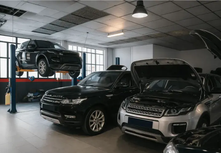 Taller mecánico con varios Range Rover Velar, uno en elevador y otros con capós abiertos, listos para solucionar problemas.