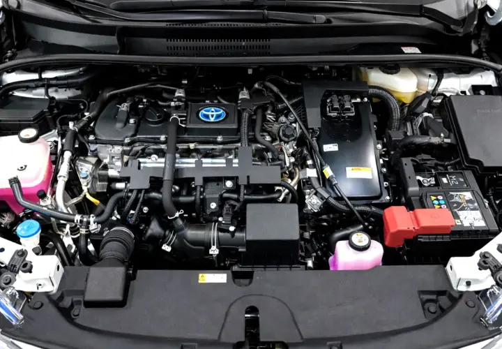 Motor de Toyota Corolla Hybrid. Si tienes problemas, esta imagen muestra el compartimento del motor.