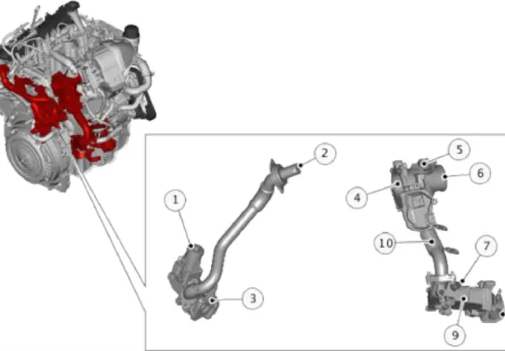 Componentes del motor Mercedes-Benz, incluyendo el colector de admisión resaltado en rojo, relacionado con el código de error DTC P200A21.