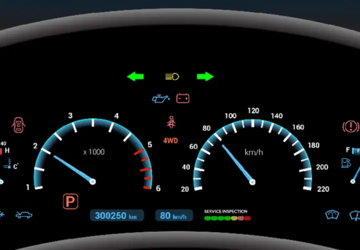 Panel de control de coche con velocímetro, tacómetro y un símbolo líquido de frenos.