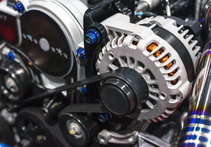 El alternador de un coche, con su polea y correa, genera electricidad. Se ve el motor y sus componentes.