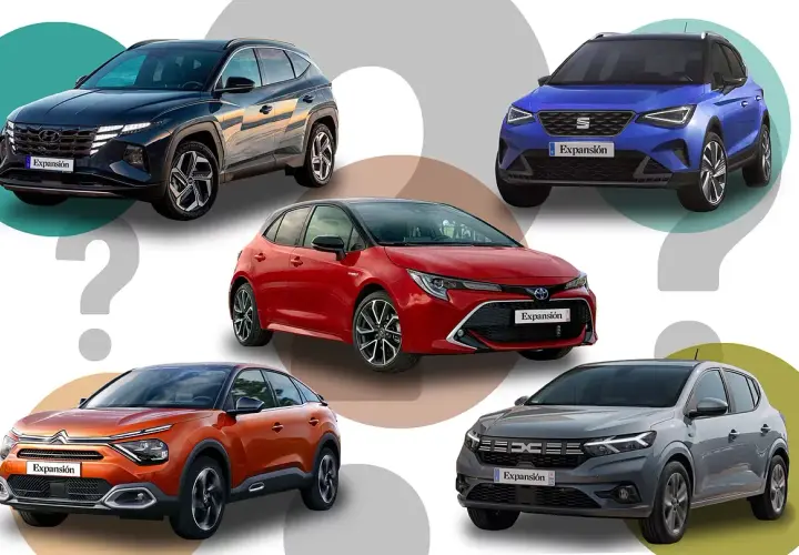 Cinco coches: SUV azul, compacto rojo híbrido, SUV naranja, SUV gris y otro SUV oscuro. ¿Cuál es el mejor hibrido diesel o gasolina?