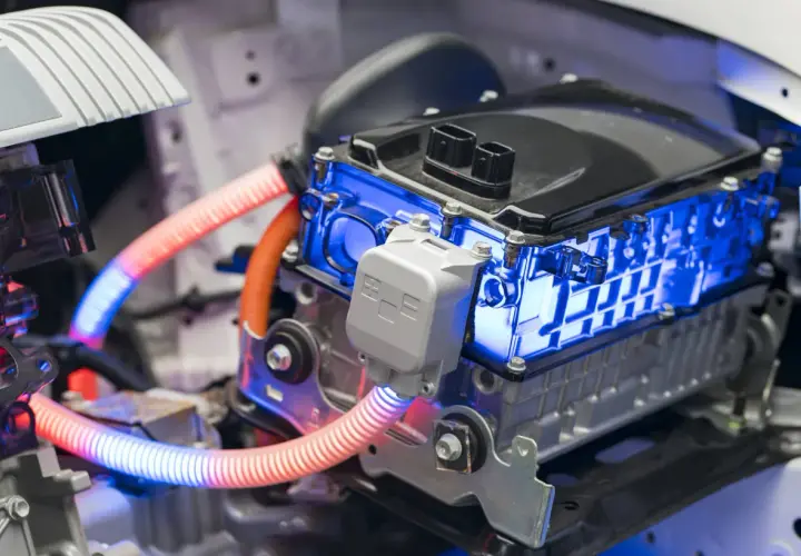Componentes de un coche híbrido, con luces azules y naranjas. Responde a la pregunta de cuanto duran las baterias de un coche hibrido.