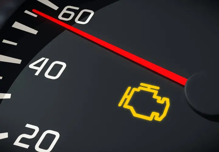 El tablero de un coche muestra el **luces cortas simbolo** del motor encendido, indicando un problema.