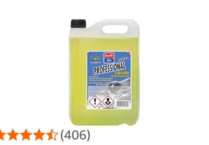 Bidón de anticongelante etilenglicol Krafft Professional 5L, ideal para proteger motores de aluminio hasta -18°C.