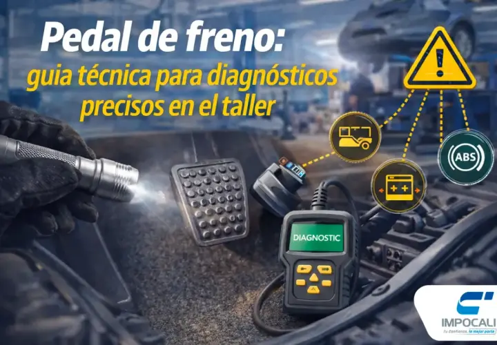 Mano con linterna ilumina pedal de freno coche. Scanner de diagnóstico conectado, con iconos de ABS y alerta. Guía técnica para taller.