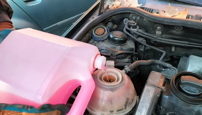Persona con guantes vierte líquido refrigerante rosa en el depósito de expansión de un coche. Pregúntate cada cuanto se cambia el líquido refrigerante.