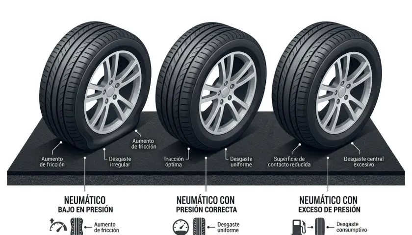 Ilustración compara neumáticos con baja, correcta y alta presión. La **presión de inflado de neumáticos** afecta el desgaste y la tracción.