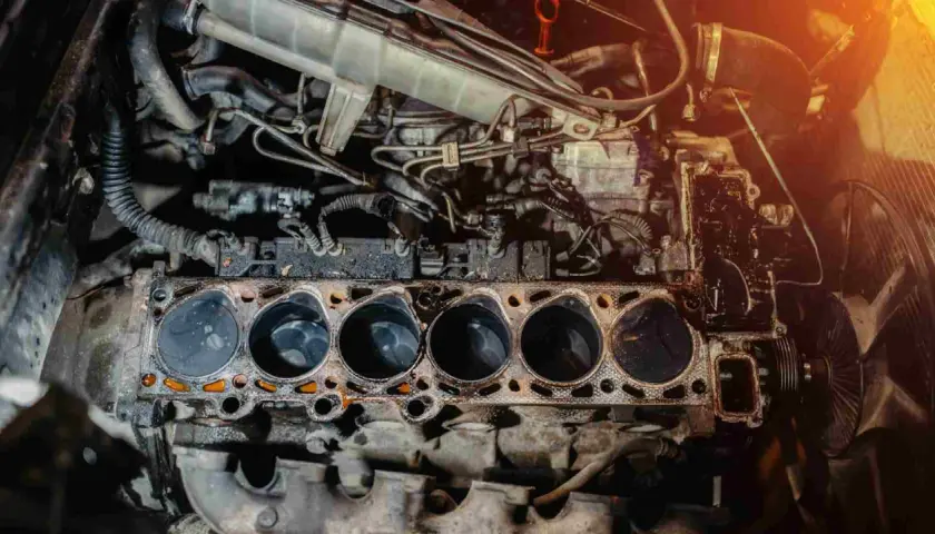 Motor de coche desarmado, mostrando los cilindros. Una inspección visual puede ayudar a saber si la culata está dañada.
