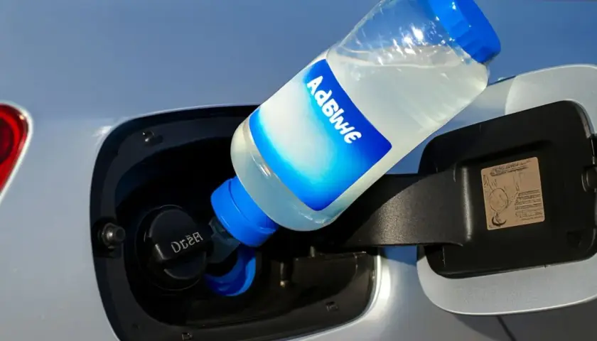 Botella de AdBlue vertiéndose en el depósito de un coche. ¿Qué pasa si me quedo sin AdBlue? El coche podría dejar de funcionar.