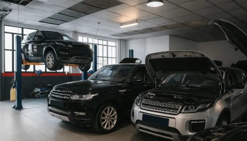 Taller mecánico con varios Range Rover Velar, uno en elevador y otros con capós abiertos, listos para solucionar problemas.