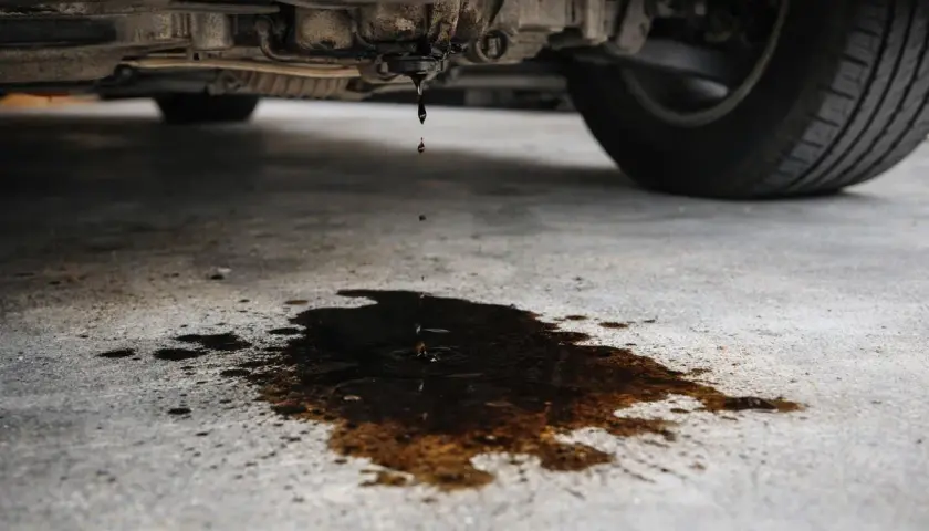 Got it. Here's the alt text in Spanish:

Aceite goteando del coche. Mi coche pierde aceite por debajo, dejando un charco oscuro en el suelo de cemento.