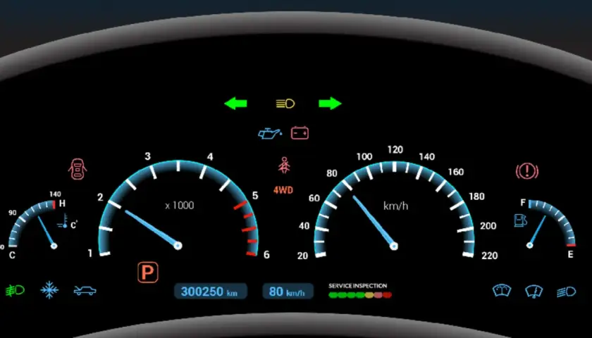 Panel de control de coche con velocímetro, tacómetro y un símbolo líquido de frenos.