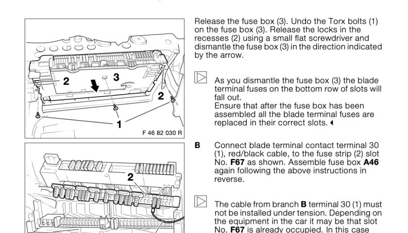 Instrucciones para conectar el arnés DWA en un BMW E46, mostrando cómo desmontar y volver a montar la caja de fusibles y sus fusibles.