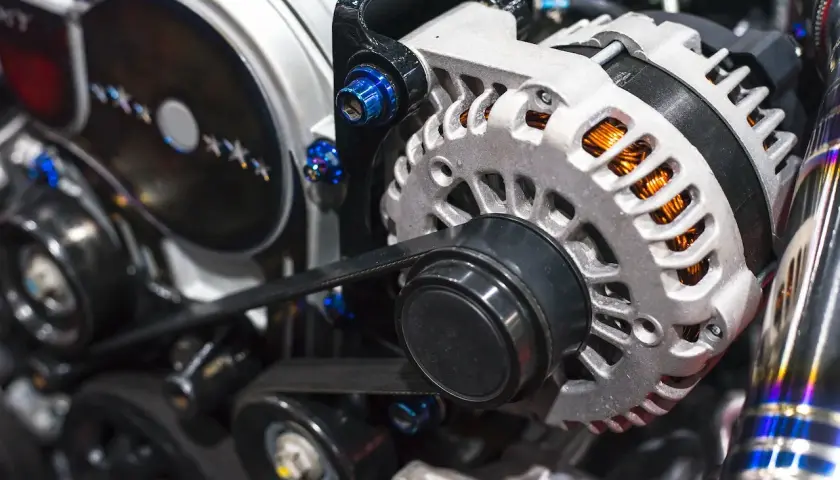 El alternador de un coche, con su polea y correa, genera electricidad. Se ve el motor y sus componentes.