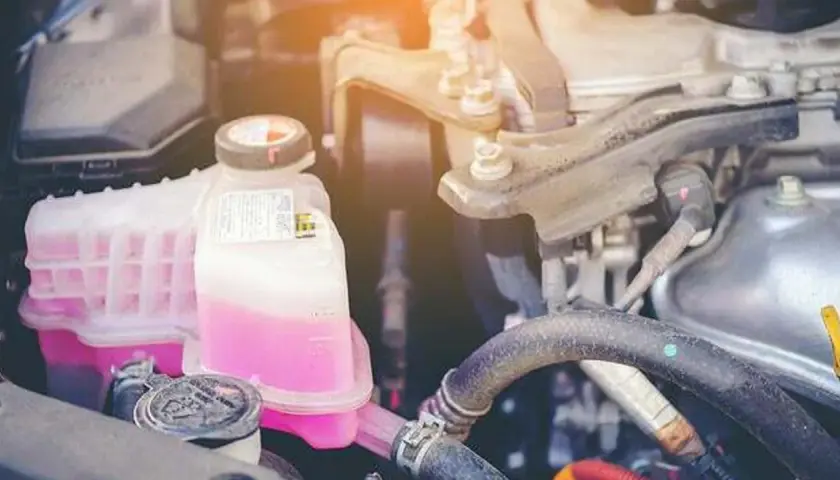 Motor de Seat León no enciende el cuadro ni arranca. El depósito de refrigerante rosa está visible, indicando un posible problema de arranque.