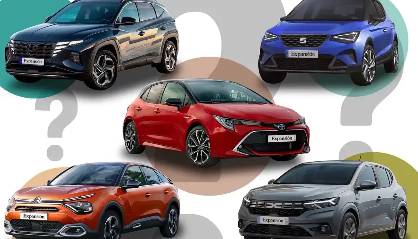Cinco coches: SUV azul, compacto rojo híbrido, SUV naranja, SUV gris y otro SUV oscuro. ¿Cuál es el mejor hibrido diesel o gasolina?