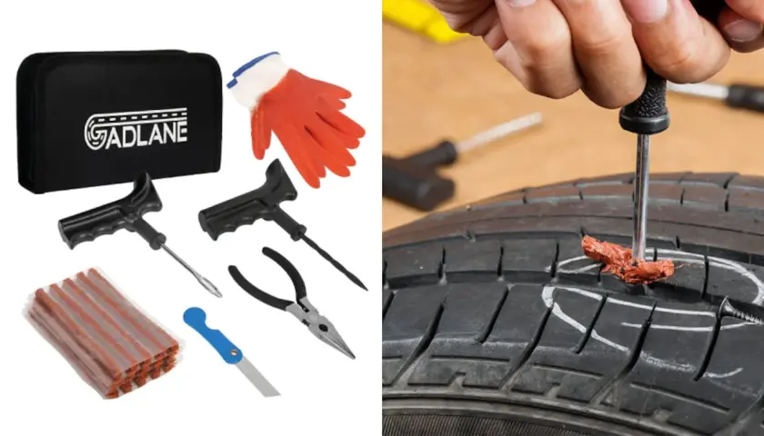 Kit de reparación de neumáticos para asistencia en carretera ante un pinchazo. Incluye herramientas y parches.