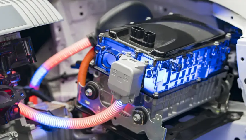 Componentes de un coche híbrido, con luces azules y naranjas. Responde a la pregunta de cuanto duran las baterias de un coche hibrido.
