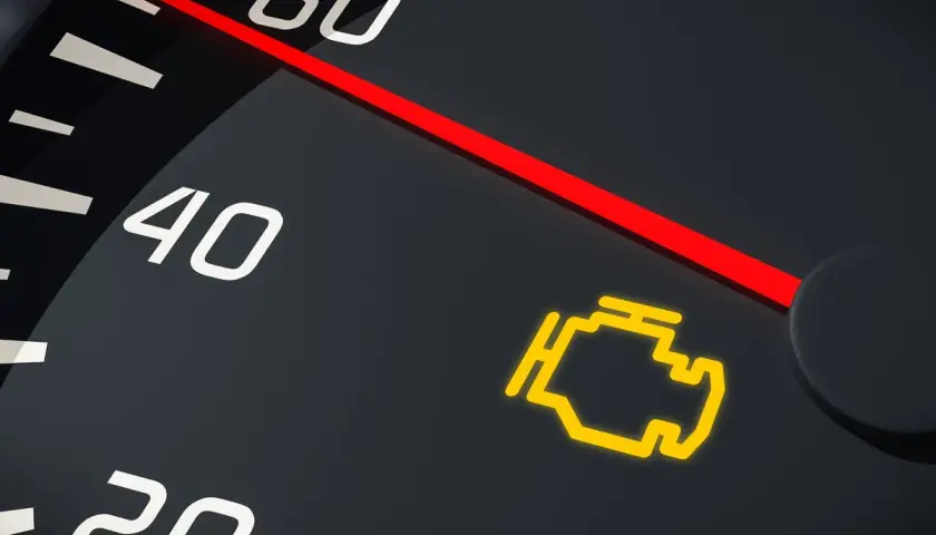 El tablero de un coche muestra el **luces cortas simbolo** del motor encendido, indicando un problema.