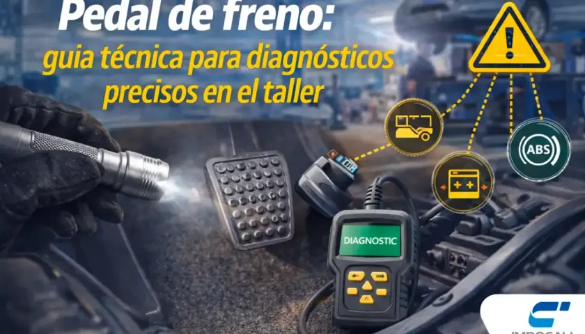 Mano con linterna ilumina pedal de freno coche. Scanner de diagnóstico conectado, con iconos de ABS y alerta. Guía técnica para taller.