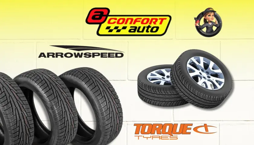 Neumáticos de varias marcas: ARROWSPEED, TORQUE TYRES y CONFORT AUTO.