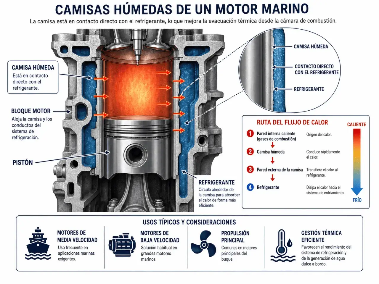 Corte de un motor marino que muestra las camisas húmedas en contacto directo con el refrigerante para una refrigeración eficiente.