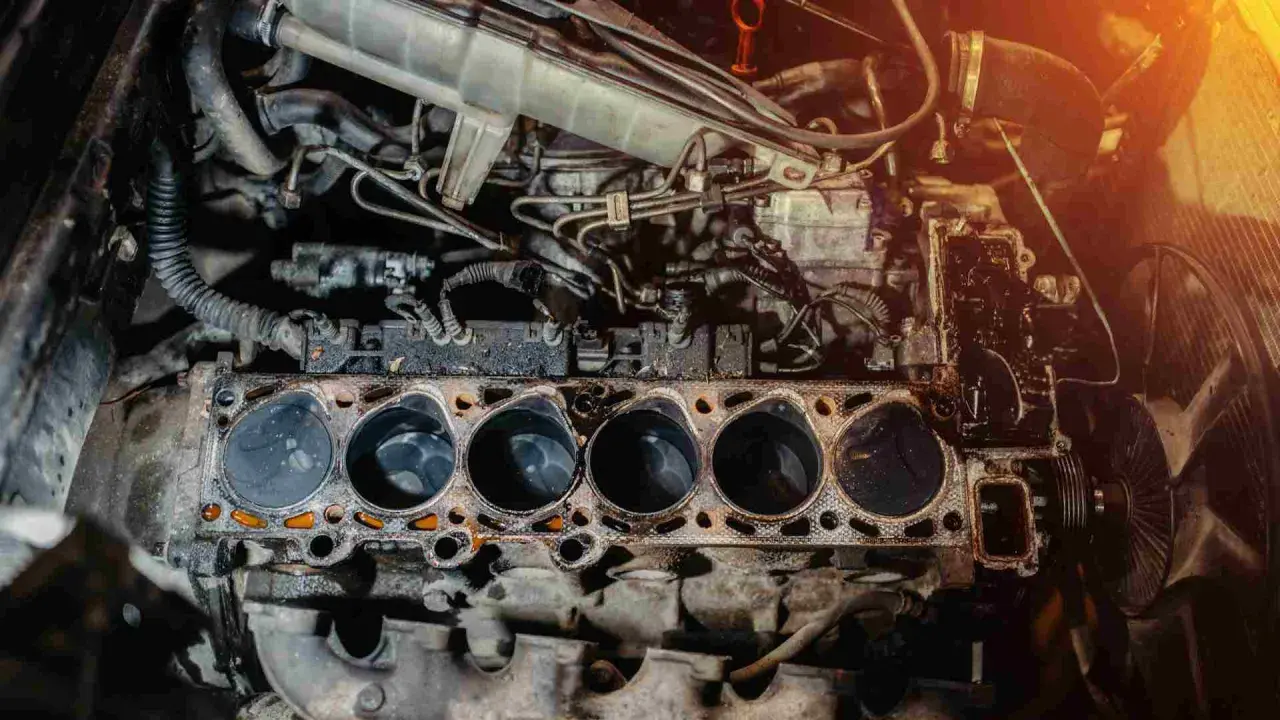 Motor de coche desarmado, mostrando los cilindros. Una inspección visual puede ayudar a saber si la culata está dañada.