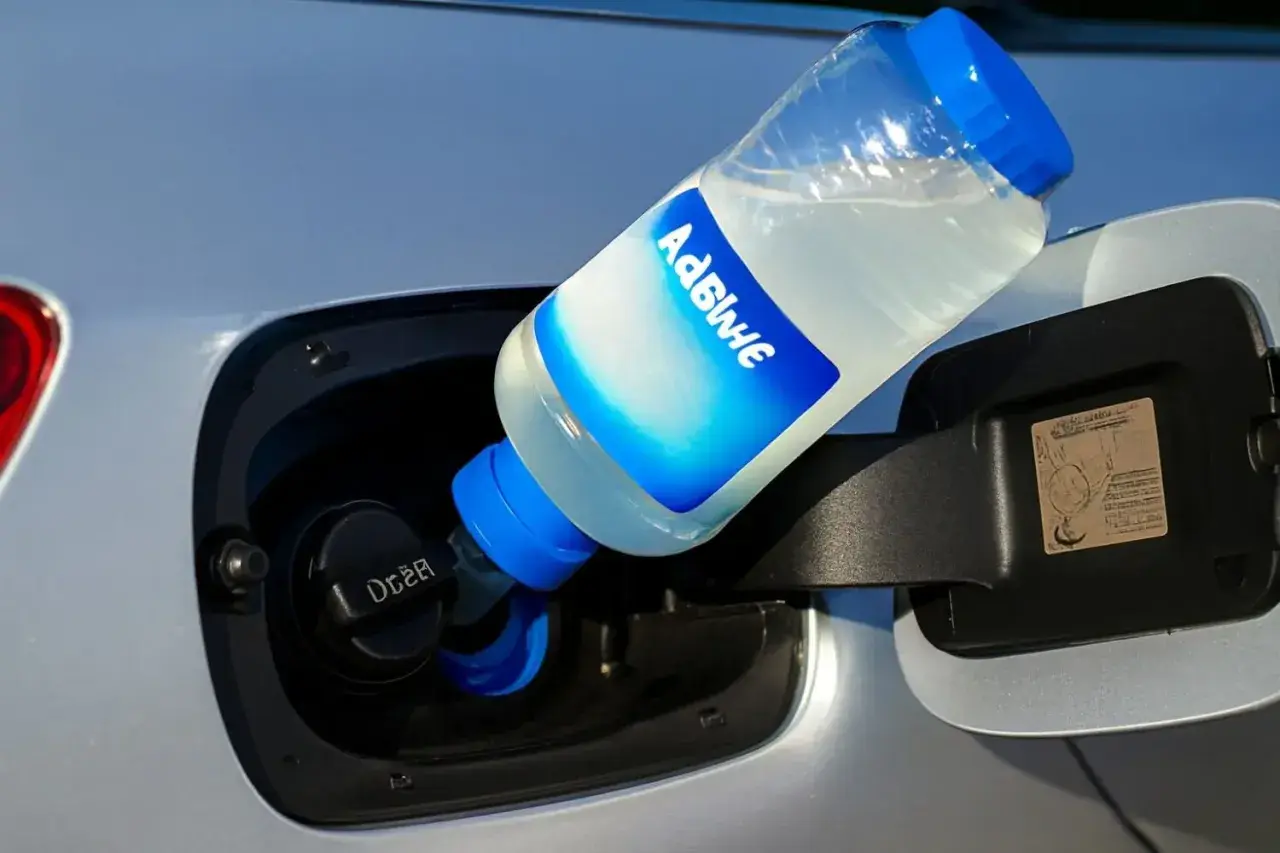 Botella de AdBlue vertiéndose en el depósito de un coche. ¿Qué pasa si me quedo sin AdBlue? El coche podría dejar de funcionar.