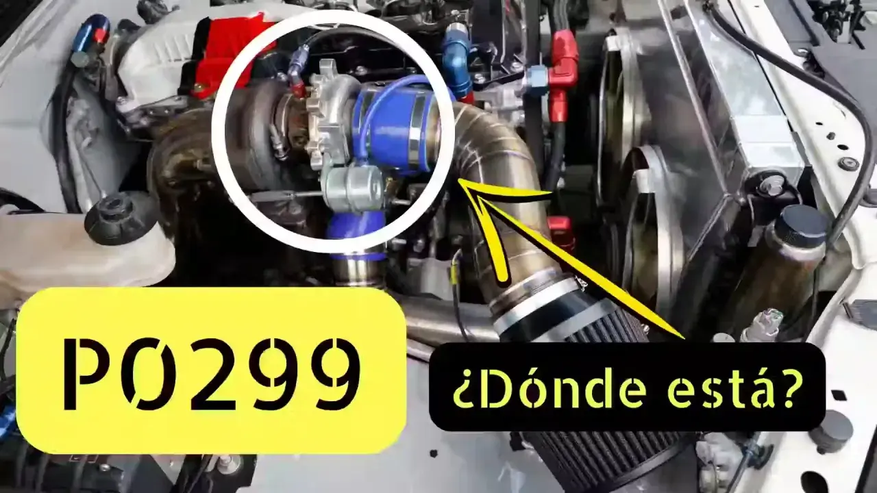Motor con turbo modificado. El texto indica P0299, un código de error eobd dtc relacionado con la presión del turbo.