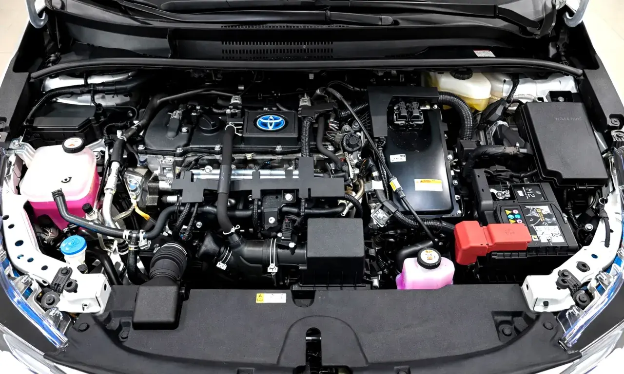 Motor de Toyota Corolla Hybrid. Si tienes problemas, esta imagen muestra el compartimento del motor.
