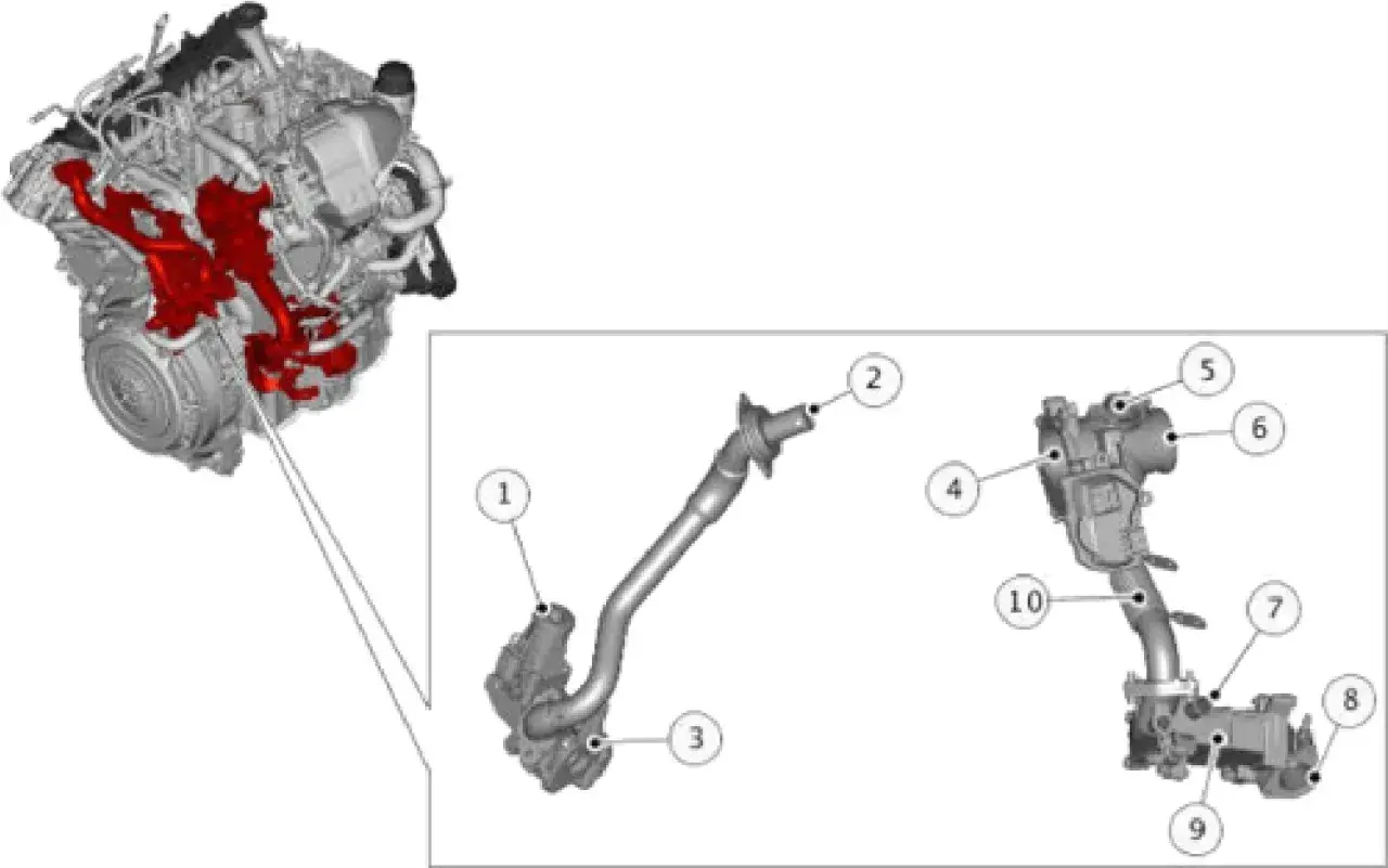 Componentes del motor Mercedes-Benz, incluyendo el colector de admisión resaltado en rojo, relacionado con el código de error DTC P200A21.