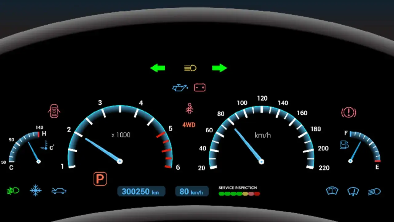 Panel de control de coche con velocímetro, tacómetro y un símbolo líquido de frenos.